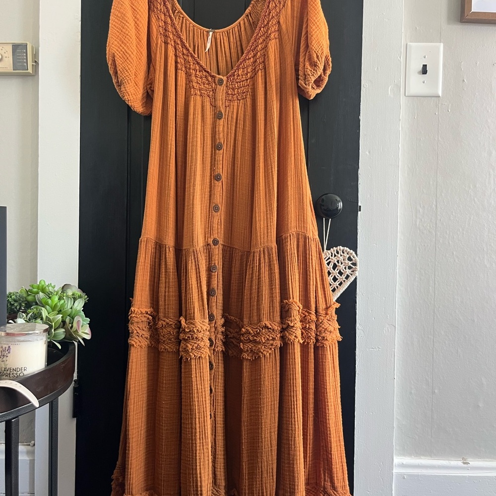 Free People Button-Front Tiered Maxi Dress in Rust